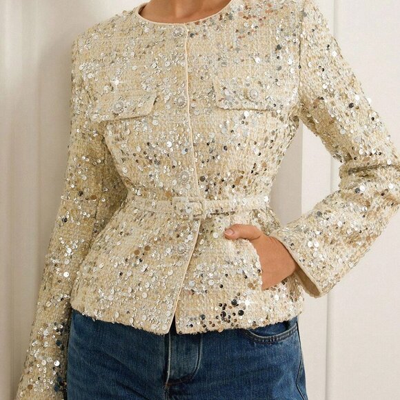 Beige Party Women's sequin detailed tweed belted blazer - Picture 6 of 6
